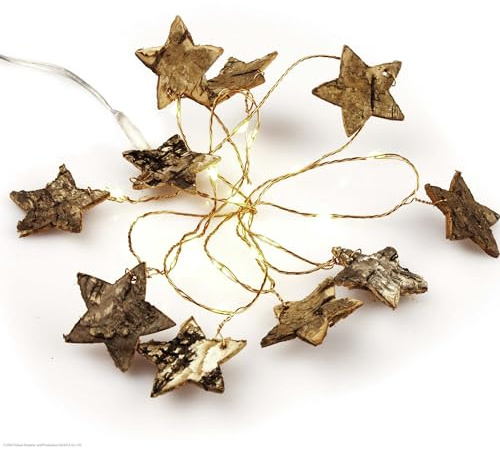 hellum LED Lichterkette Batterie mit Holzsternen (3xAA), 20 LED, innen | Lichterkette innen klein, warmweiße LED mit Sternen aus Birkenrinde, beleuchtet 0,95m, für Geschenk, Weihnachten 151060