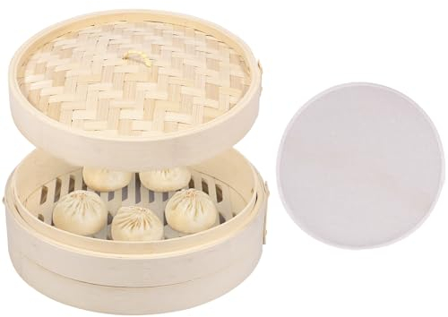Vaporera de bambú de bambú, 25 cm, vaporizador tradicional de bambú y vaporizador, incluye paños de algodón para arroz, dim sum, verduras, pescado, carne, etc. (1 historia)
