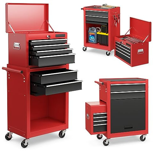 COSTWAY Large Rolling Tool Cabinet, 2-in-1 Detachable Metal Tool Chest with Drawers, Wheels, Handle & Hooks, Lockable Tool Box Trolley for Garage Workshop (6 Drawers, Black+Red)