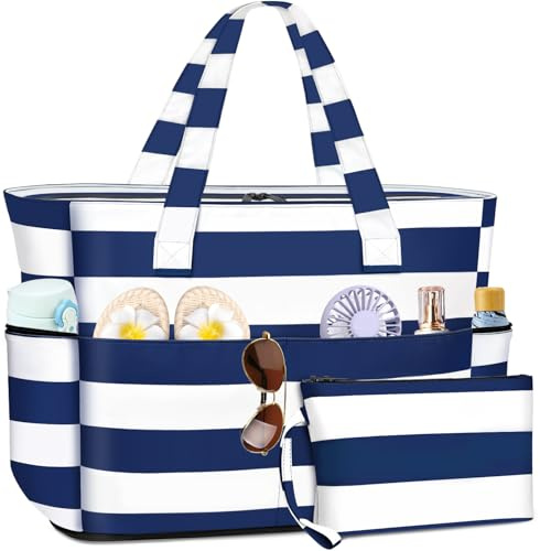 ENONEO Große Strandtasche mit Reißverschluss XXL Familie Strandtasche Damen Groß Shopper Tasche Beach Tote Bag Reisetasche Wasserdicht Saunatasche mit Nassfach & Schuhfach,55L (Blau)