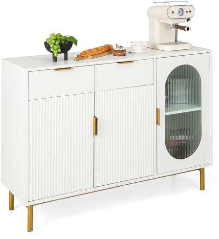 COSTWAY Buffetschrank mit Glastüren, Sideboard mit 2 Schubladen & Metallbeinen, Küchenschrank Holz, Buffet Hochglanz, für Esszimmer, Küche, Wohnzimmer, 120 x 40 x 88 cm, Weiß+Golden