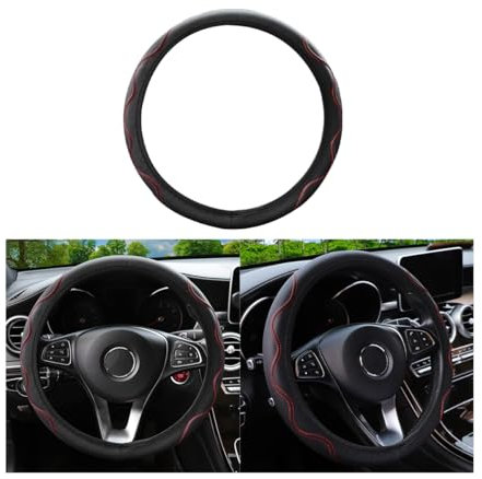 JNNJ Universal Fundas De Volante Cuero Coche, Cubre Volante Sport Antideslizante Transpirable 37-38cm, Microfibra Elástica De Cuero Corrugado Sin Anillo Interior De La Cubierta del Volante(Rojo)