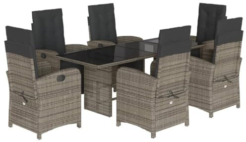 vidaXL 7-Piece Garden Dining Set with Adjustable Recliner Chairs and Cushions - Grey Poly Rattan, Tempered Glass Table