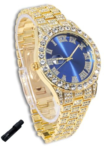 Genkigold Diamantklocka för tonårspojkar - rund urtavla 42 mm romerska siffror i 3 färger - guldpläterad 18K/platina-armband 20 cm - justeringsverktyg ingår, kan kombineras med kubansk kedja