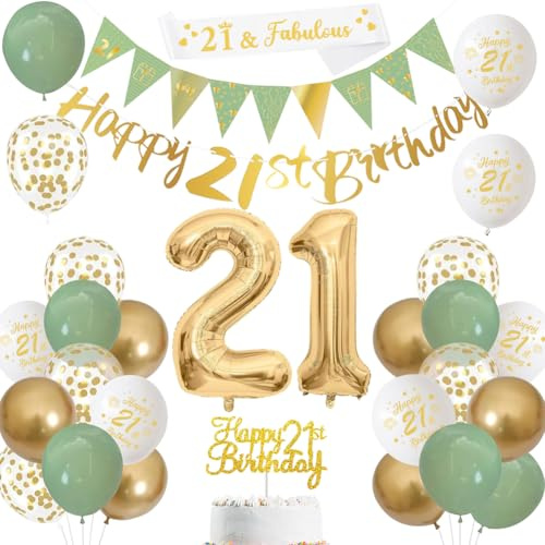 Happy 21st Birthday Decorations Banners Balloon for Her Sage green | Banners, Balloons, Cake Topper, Sash, Bunting, Flags, Number Helium Balloons