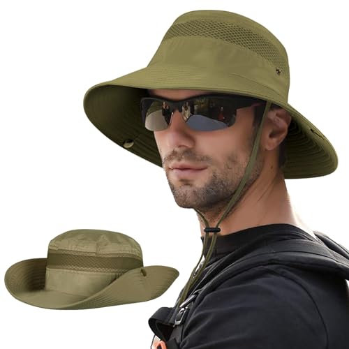 Kiiwah Sonnenhut Herren Damen, Wanderhut UV-Schutz, Safarihut Faltbar Mesh Breite Krempe Buschhut mit Kinnriemen Boonie Hat für Outdoor Sommer (Grün)