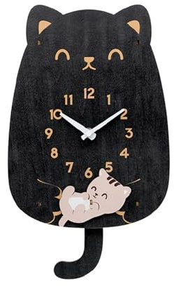 BURLOE Orologio da Parete per Bambini 3D, in Legno Decorazione Murale Silenziosa La Stanza dei Aula Soggiorno Movimento Dell'orologio Cartoni Animati,Nero