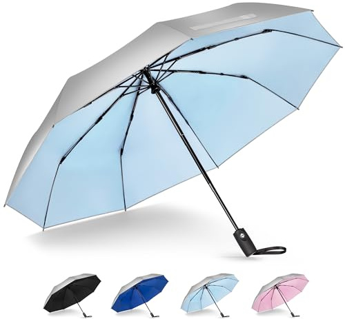 NINEMAX UV Umbrella for Sun Protection UPF 50+, Sun Umbrella UV Protection, Travel Compact Brolly Solar Blocking Reflective Windproof Auto Open Close,46 Inch (Silver Light Blue)