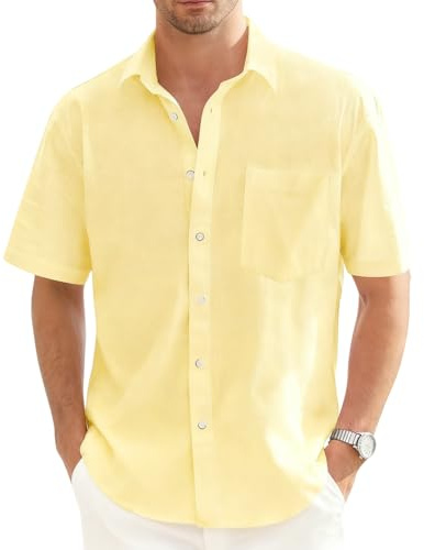Hommes Chemises Manche Courte Chemise Lin Homme Solid Henley Shirts Été Col Mao Chemise de Plage Classique Regular Fit Chemises L'été