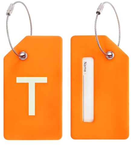 PATIKIL 2 Stück Kofferanhänger Flugreise Koffer Namensanhänger Tags mit Namensschild Adressschild Datenschutz Silkon Gepäckanhänger für Kreuzfahrten Reisetasche, Orange Buchstabe T