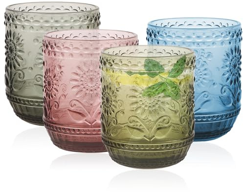 Hebaogugu 350 ml/12 oz Glass Tumblers, Coloured Drinking Glasses Set of 4 for Wine, Milk, Tea, Beverage, Vintage Water Glasses for Home & Restaurant(Sunflowers Pattern)