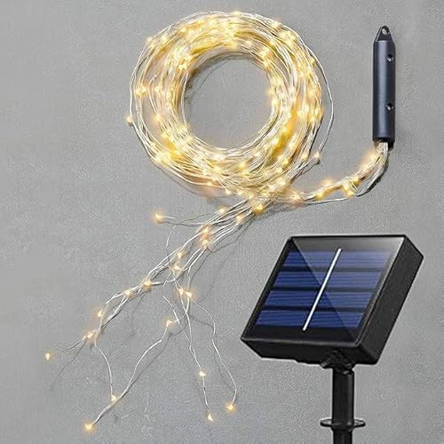 Gresonic Guirnalda solar de 400 luces de alambre de cobre, 10 m, 8 modos, IP44, cascada, para exteriores, para regadera, habitación infantil, camping, exterior e interior, blanco cálido (luz blanca