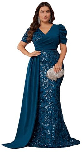 BluePlum Elegant Women’s Formal Dress Wedding Guest Puff Sleeve Mermaid Ball Gowns Court Train Plus Size Sequin Dresses Long, Peacock Blue, 1XL