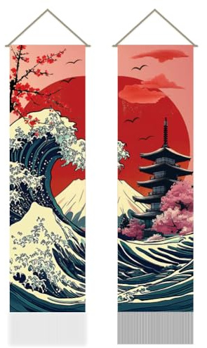 AHANDMAKER 2 Stück Japanischer Wandteppich Mit Meereswellen Asiatisch Orientalischer Wandteppich Mit Kirschblütenmotiv von Kanagawa Fusion Mit Quaste Zum Aufhängen Für Dekorativ (45.7x13 Zoll)