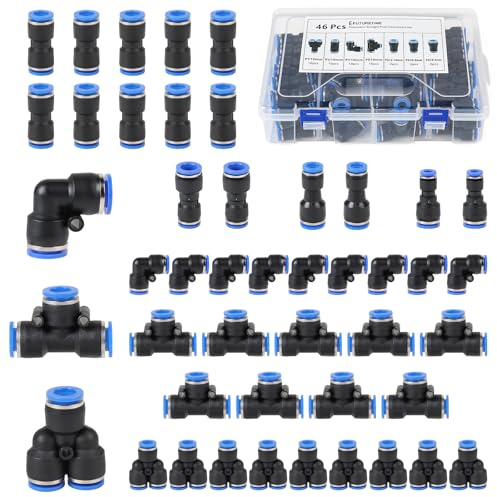 EFUTURETIME 46 Pièces Raccords Rapides Pneumatiques 10 mm Push-In | 10 Raccords Droits, 10 à Angle, 10 en Y, 10 en T et 6 Réducteurs Chacun 6-10, 8-10 et 12-10 (46 Pièces)