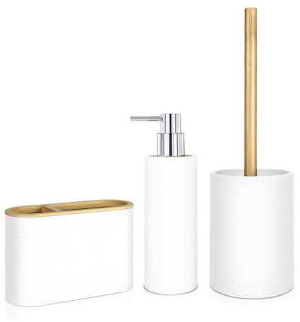 Set Accesorios Baño 3 Piezas – Blanco, Negro o Gris Mate y Bambú | Dispensador Jabón, Vaso Portacepillos y Escobillero WC | Diseño Nórdico Minimalista | Nadi Collection
