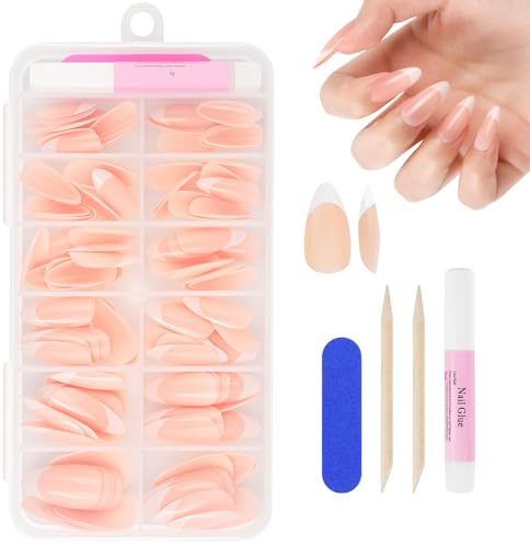 BUTBU 120 stycken falska naglar Tips Set, Franska falska naglar att klistra på, 15 storlekar French Press On nagelset, Falska naglar med lim för damer och kvinnor (Vit Nude Medium Mandel)