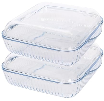 Argon Tableware Optique Plats à Four Carrés en Verre with Lid - 24cm x 21cm - 2x Grand Profond Pâtisserie Casserole Lasagne Grillage Rôtissoire Plateau de Cuisson Bol | Compatible Congélateur