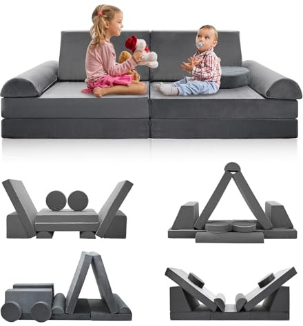 Meulbaty Spielsofa für Kinder,Kindersofa aus 10 Schaumstoff Bausteine, Flexibel Kombinierbare Kinder Couch Modulares Spielsofa zum Spielen, Kreativsein, Schlafen(160CM)