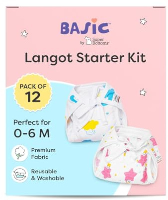 Baby Langot Starter Kit, 12 Pack Cotton and Muslin Nappies, Reusable Cloth Diapers, 0-6 Months