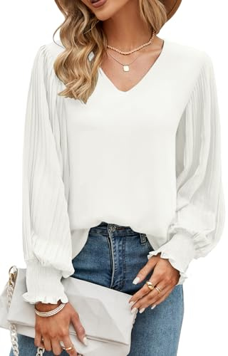 Odosalii Chemisier pour femme à manches longues à volants - col en V - en mousseline de soie - coupe ample - décontracté, blanc, XL