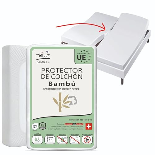 Twillie (Lote de 1) Protector Colchón Doble 2x80x190 Bambú – Impermeable, Cama ARTICULADA – Algodón Natural, Tratamiento Suizo Sanitized® Antiácaros – Hecho en UE