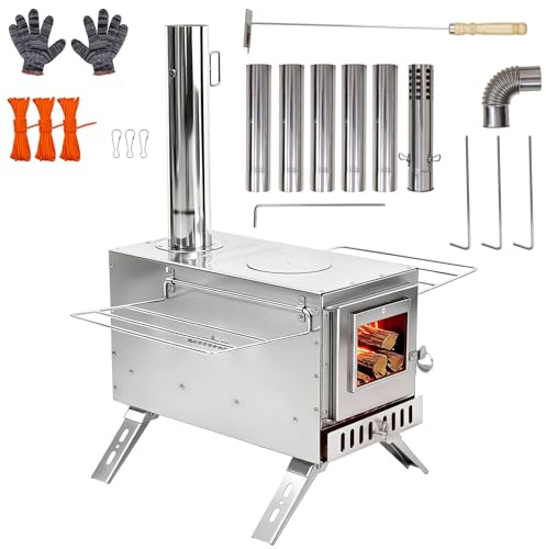 UNHO Estufa de Leña para Tienda de Camping - Estufa Camping Portátil para Tienda con 7 Tubos y 1 Codo de Chimenea, Válvula de Control, 2 Vidrios Ignífugos, para Cocinar y Calentar Al Aire Libre