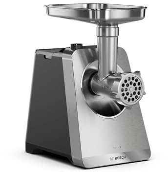 Bosch MultiPower MFWS820M Hachoir à viande série 8, 3 disques avec trous (3, 4,5/8 mm) en acier inoxydable, embout kebbe/saucisse, pièces lavables au lave-vaisselle, électrique, puissant, 2500 W