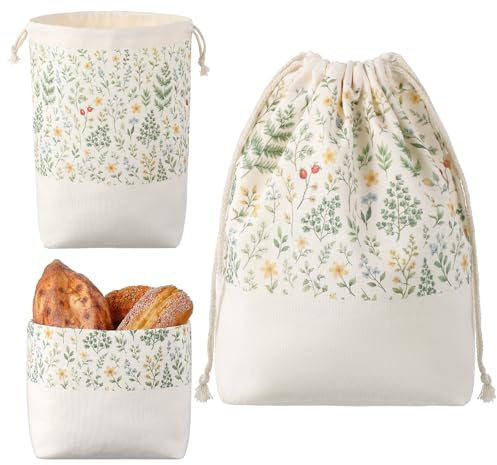 Xuniea Sacchetto per Pane 3 in 1 per Conservare e Mantenere Fresco Pane Sacchetti per Cabello in Tessuto Portapane in Cotone con Coulisse Riutilizzabili(Stampa Floreale e a Foglie)