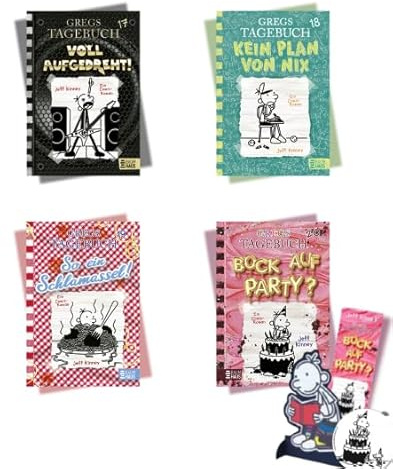 Jeff Kinney – Gregs Tagebuch Set 17–20 | 4 Bücher im Fanpaket mit Gregs Dekoaufsteller, Sticker & Lesezeichen | Voll aufgedreht, Kein Plan von nix, So ein Schlamassel, Bock auf Party | Geschenk ab 10