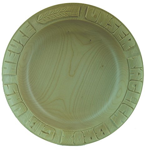 Brotteller: Brotteller aus Ahorn 28-30 cm, Holzteller mit geschnitzter Schrift „ UNSER TÄGLICH Brot GIB Uns Heute“, Höhe des Tellers ca. 4-4,5 cm
