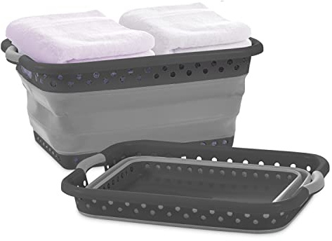Pop & Load Collapse & Store 1 Large 25 Slim Collapsible Plastic Laundry Basket, Space Saving Portable Pop Up Storage & Organization Basket, 3 High When Folded, Dual Comfort Grip Handles, Black