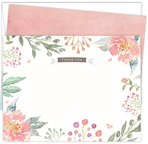 Koko Paper Co Pink Floral Thank You Cards | 25 Flat Note Cards and Envelopes | Printed on Heavy Card Stock.