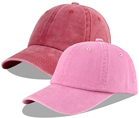 LANGZHEN Unisex Baseball Cap 100% Baumwolle Fits Männer Frauen Washed Denim Einstellbare Papa Hut (Burgund+Pink, One Size)