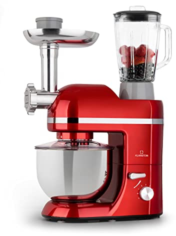 Klarstein Knetmaschine Küchenmaschine mit Fleischwolf, 1800W Teigmaschine Klein, 6 Stufen, Schneebesen Rühr- & Knethaken, Planetenrührwerk, Rührmaschine mit Mixer, Küchenmaschinen mit 5L Schüssel