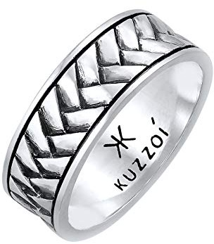 Kuzzoi Herrenring oxidiert Bandring massiv (7 mm) 925 Silber Vintage | Herren Schmuck Accessoire mit Fischgräten Struktur Markanter Ring für Männer in der Ringgröße 60–66