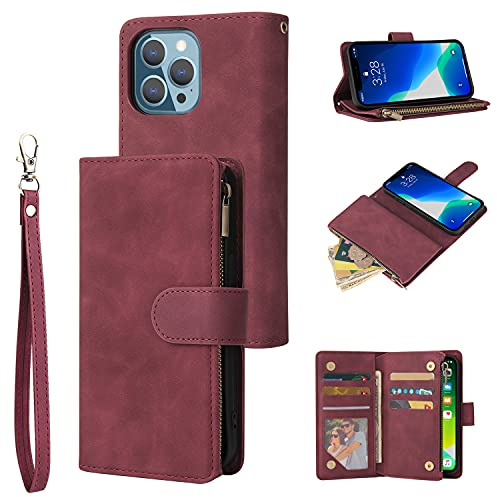 UEEBAI Wallet Case for iPhone 13 Pro 6.1 inch 6.1 inch inch, Premium Vintage PU Leather Magnetic Closure Handbag Zipper Pocket Case Kickstand Card Slots Wrist Strap Shockproof Flip Cover - Wine Red