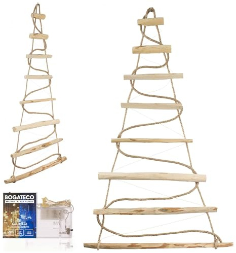 BOGATECO Handgemacht Weihnachtsbaum 95 cm hoch, aus Haselnussholz | Deko Anhänger | mit 200 cm LED-Leuchten | Holzplatten verbunden mit einem Juteseil mit Einer Dicke von 6 mm