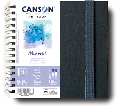 CANSON Professionelles Kunstbuch, feine Körnung, Aquarell-Montval-Papier, 300 g/m², 20 x 20 cm, Spiralnotizbuch, 24 weiße Blätter, ideal für professionelle Künstler und Studenten
