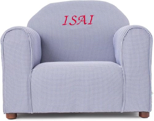Personalized Gingham Kids Chair with Custom Name Embroidery, Soft Microsuede Fabric, Padded Cushion, Wooden Frame, Ages 2-5, Comfortable & Stylish Toddler Armchair for Playroom & Bedroom.