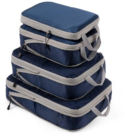 Meowoo 4-Delat Kompressionspackningsset – Compression Packing Cubes – Vattentät Resväskeorganisatör Med Dragkedja (XL, L, 2×M) – Platsbesparande för Handbagage & Resväska (Marinblå)