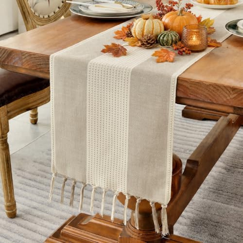 Wracra Tischläufer Kaffee Baumwolle Leinen, Tischläufer Boho Makramee | 150cm, Feinfühliges Spleiß Design, Tischläufer Modern Handquasten, Maschinenwaschbar, Esszimmer, Feiertage, Party, Wohnkultur