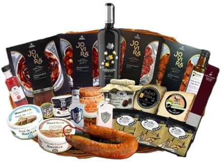Cesta de Regalo Gourmet para Navidad con Queso Artesano de Oveja, Locheado Jamón Ibérico, Aceite de Oliva Virgen Extra, Bombones de Higo con Chocolate – Corazón Extremeño