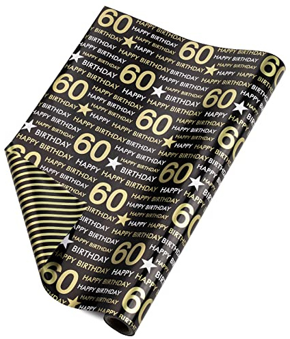 RUSPEPA Vändbar omslagspapper rulle – 60 år gammal födelsedag svart och guld mönster perfekt för födelsedag, fest, baby shower – 43 cm x 10 m