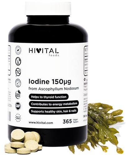 Jod 150 mcg. 365 vegane Tabletten für 1 Jahr. Jod aus Bio-Algen, Bio-Kelp-Algen (BIO) Ascophyllum Nodosum. Hergestellt von HIVITAL