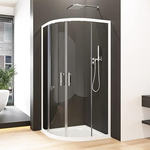 Eckeinstieg Rund Duschkabine 90 x 90 cm Schiebetür Weiß Runddusche mit Doppel Duschtür, 90x90cm Viertelkreis Halbkreis Radius 55cm Duschabtrennung mit 5mm ESG Sicherheitsglas, Dusche Höhe: 185cm