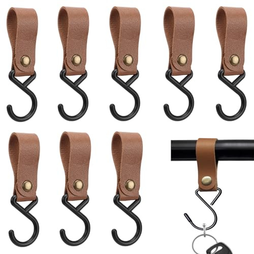 Leder S Haken, 8 Stück S Haken Mit Lederschlaufe, Leder Zum Einhänge, Tragbarer Camping Hängehaken, Haken für Kleiderstange Fensterhaken zum, für Reisen, Camping, Zuhause, Braun