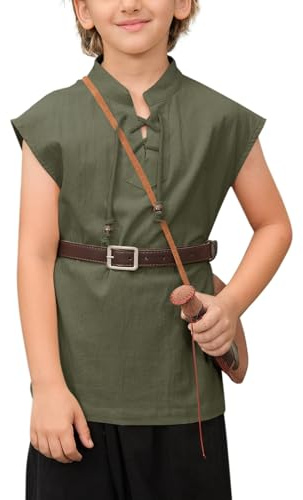 Haloumoning Jungen Renaissance Piraten ärmellose T Shirts Kinder Wikinger Mittelalterliche Schnürhemd Schottisch Kostüm Tank Tops Armeegrün 4-6 Jahre