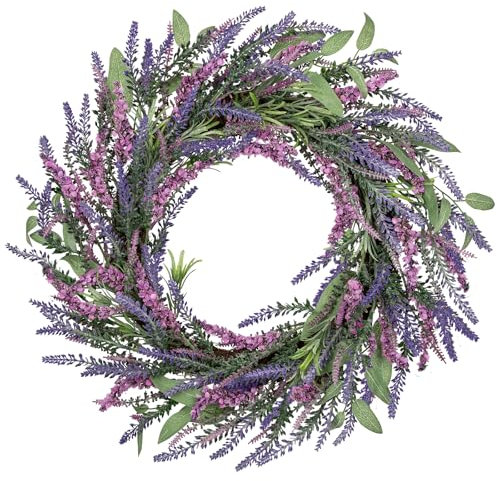 Oairse 20inch/51cm Artificial Lavender Wreath Spring Faux Wildflowers Green Floral Wreath for Farmhouse Front Door Mantle Bedroom Kitchen Decor