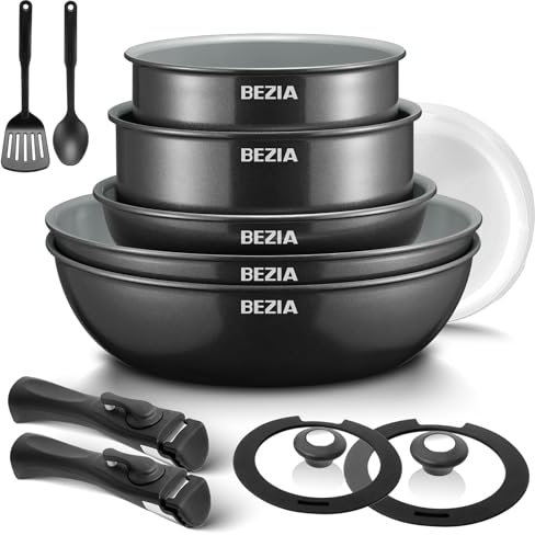 BEZIA Lot de 13 poêles avec poignées amovibles, casseroles et poêles avec revêtement en céramique saine, compatible avec tous les feux, design empilable, passe au lave-vaisselle et au four
